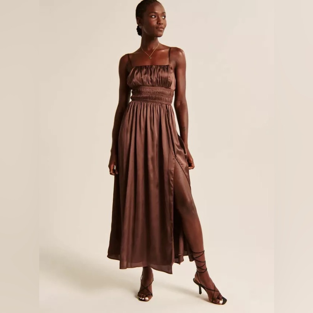 NWOT ABERCROMBIE & FITCH Satin MIDI/Maxi Dress Side Slit Silk like Satin (Brown)